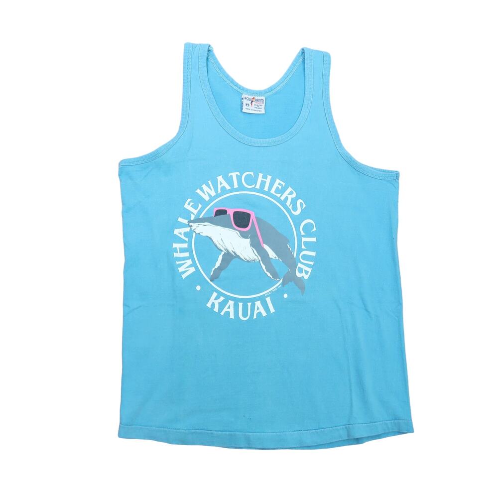 Vintage 90s aqua blue Whale Watchers Blue Kauai Hawaiian graphic tank top M